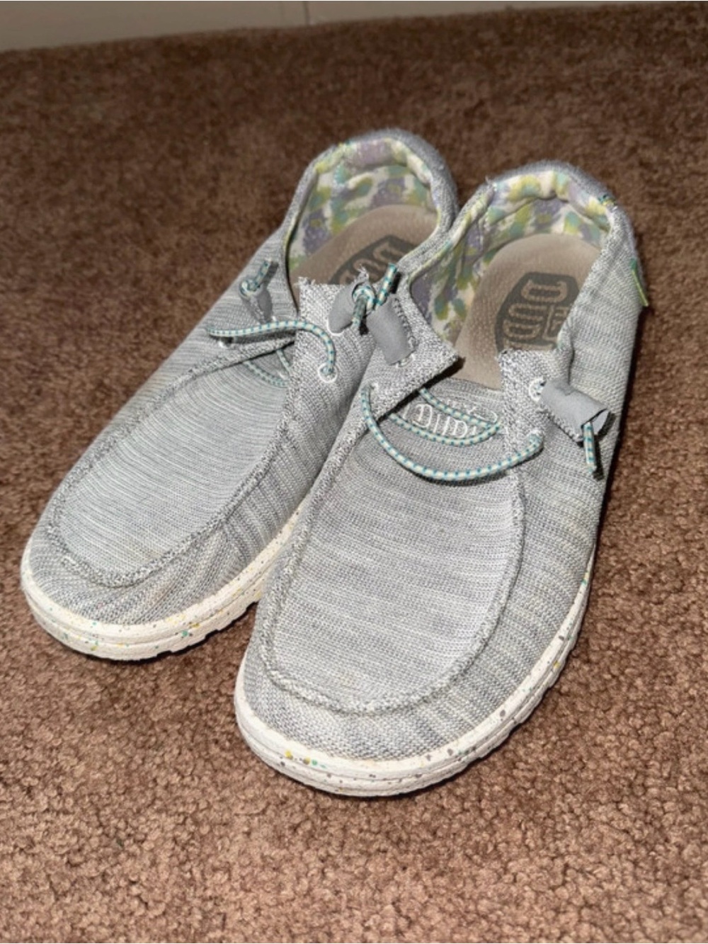 Hey Dude Women’s Light Gray Slip-On Flats with Mint Accents